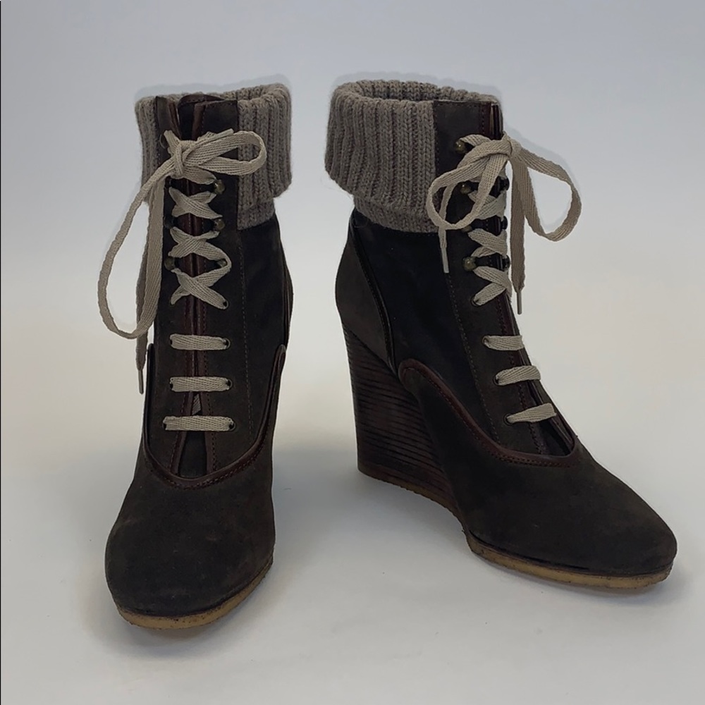 Chloé Brown Suede and Knit Lace-up Wedge Booties
